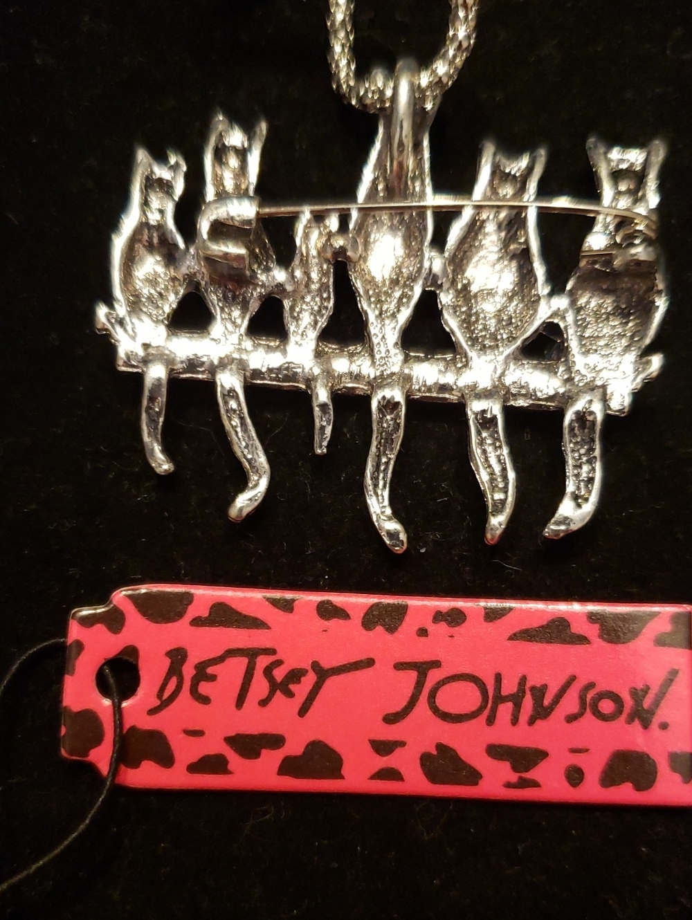 NEW Betsey Johnson Siamese Family Pendant Necklace/Pin Long, Slvrtn Chain, Blue. - Picture 3 of 6